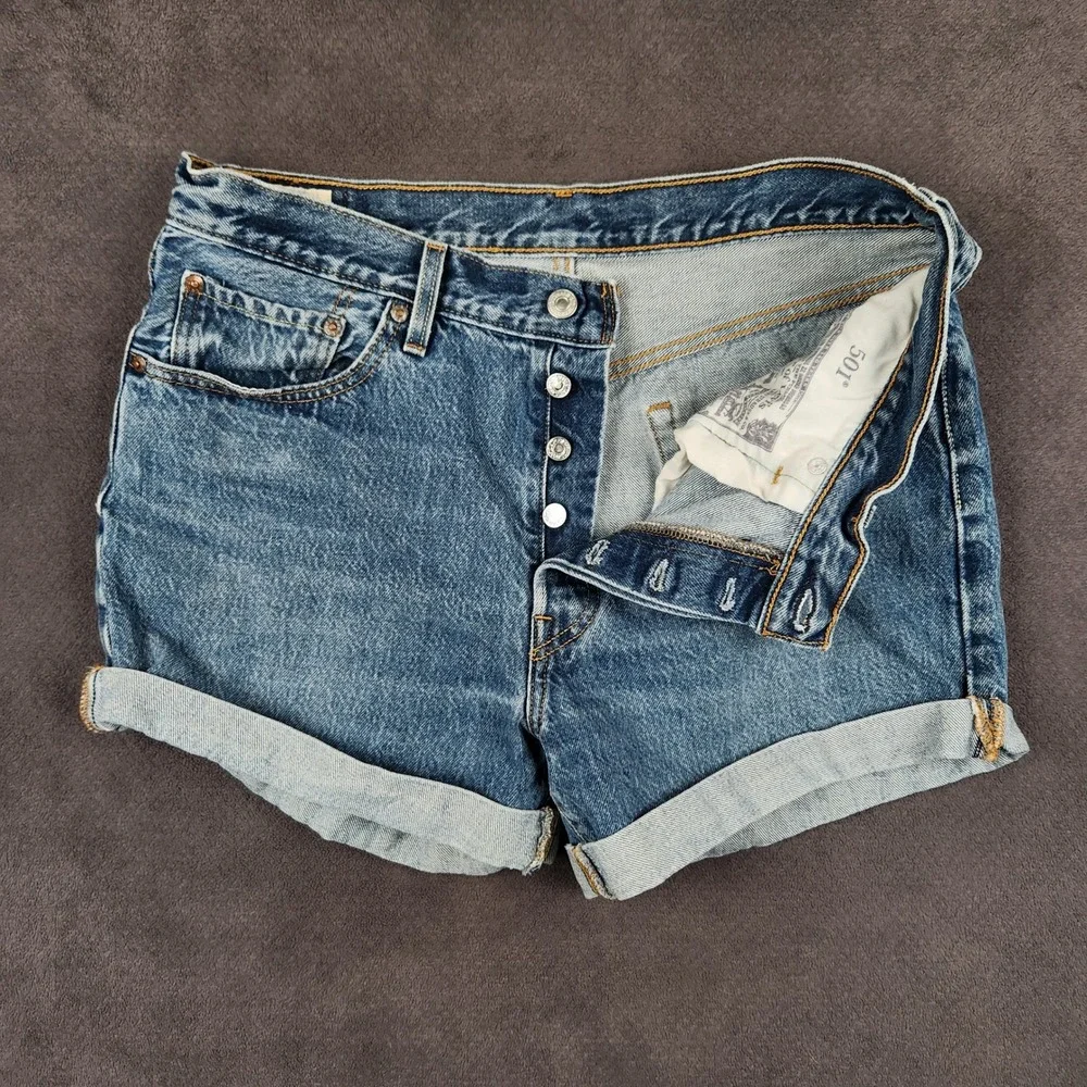 Levis 501 Long Shorts Womens 31 Blue Premium Denim High Rise Button Fly Cuffed
